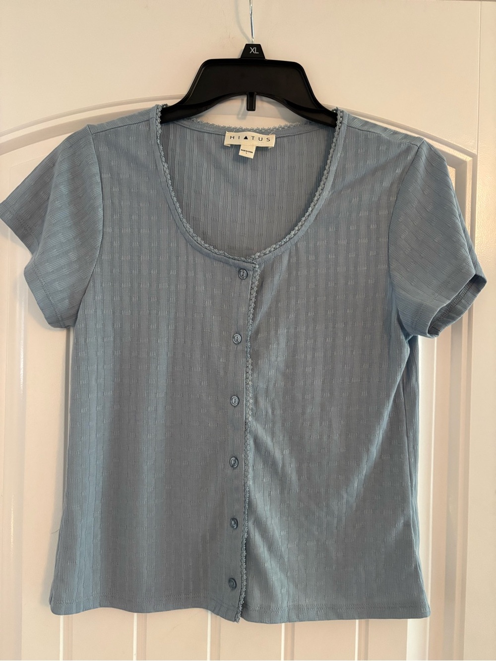 Hiatus Light Blue Short Sleeve Button-Front Top
